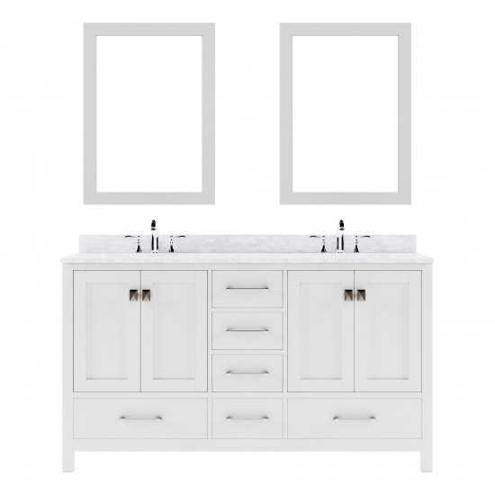 Caroline Avenue 60" Double Bath Vanity in White with White Marble Top and Round Sinks and Matching Mirror