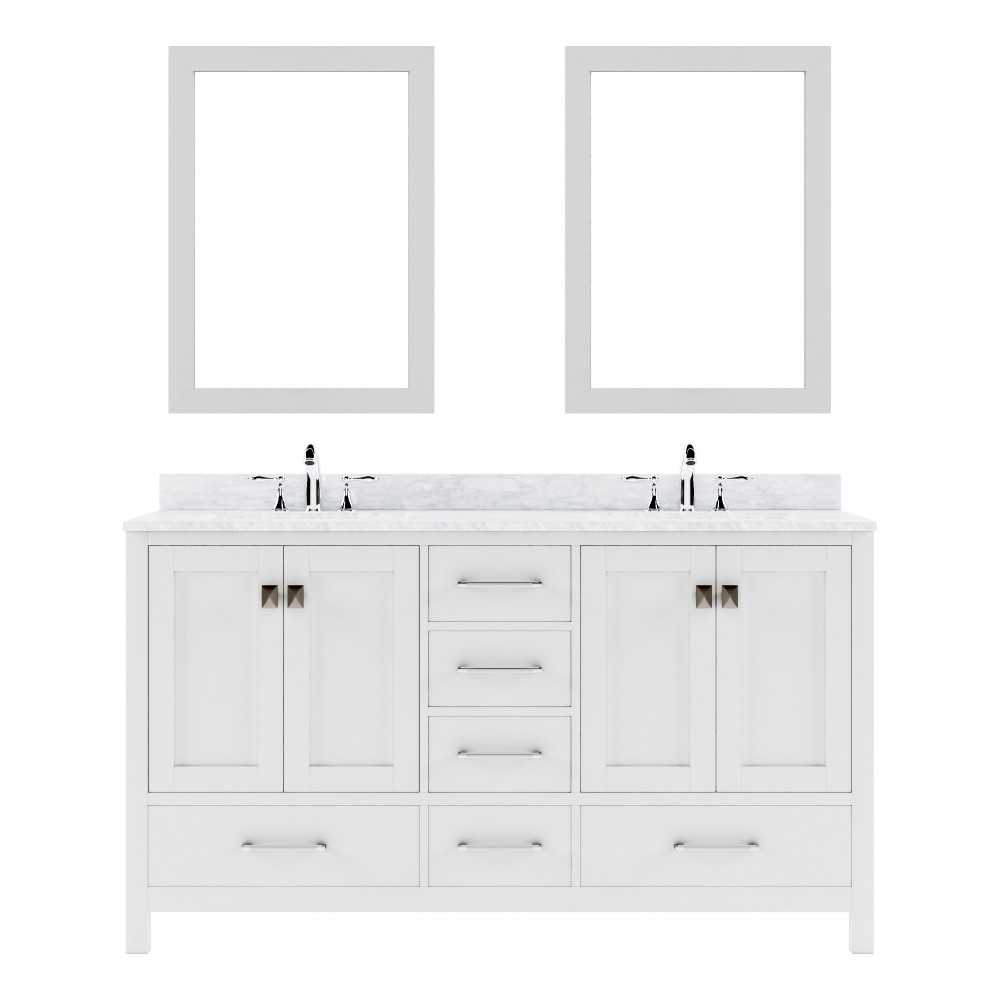 Caroline Avenue 60" Double Bath Vanity in White with White Marble Top and Round Sinks and Matching Mirror