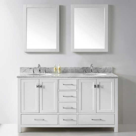 Caroline Avenue 60" Double Bath Vanity in White with White Marble Top and Round Sinks and Matching Mirror