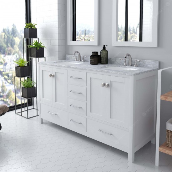 Caroline Avenue 60" Double Bath Vanity in White with White Marble Top and Round Sinks and Matching Mirror