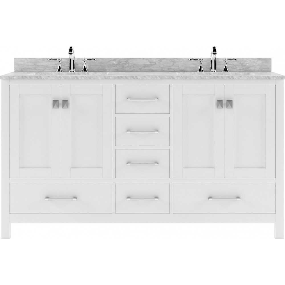 Caroline Avenue 60" Double Bath Vanity in White with White Marble Top and Round Sinks