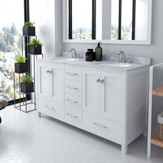 Caroline Avenue 60" Double Bath Vanity in White with White Marble Top and Round Sinks