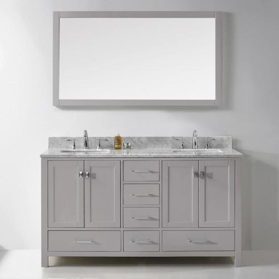 Caroline Avenue 60" Double Bath Vanity in Cashmere Gray with White Marble Top and Square Sinks and Matching Mirror