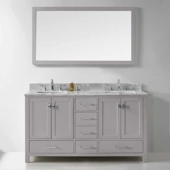 Caroline Avenue 60" Double Vanity in Cashmere Gray with White Marble Top and Square Sinks with Brushed Nickel Faucets and Mir