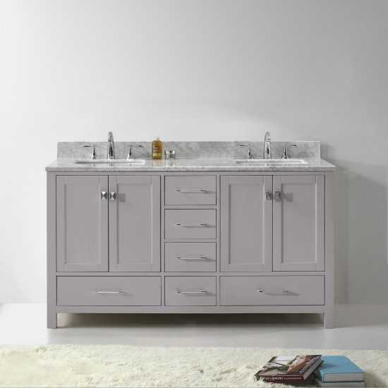 Caroline Avenue 60" Double Bath Vanity in Cashmere Gray with White Marble Top and Square Sinks with Polished Chrome Faucets