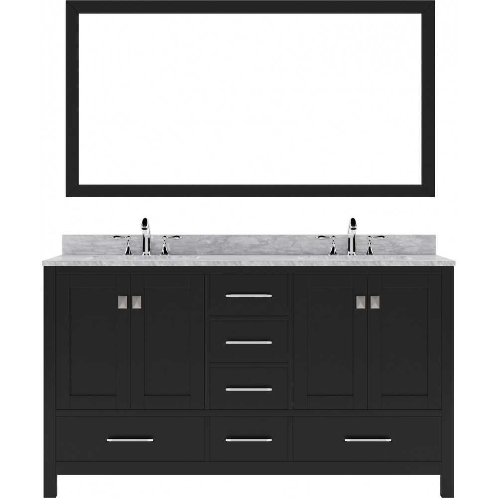 Caroline Avenue 60" Double Bath Vanity in Espresso with White Marble Top and Square Sinks with Brushed Nickel Faucets and Mir