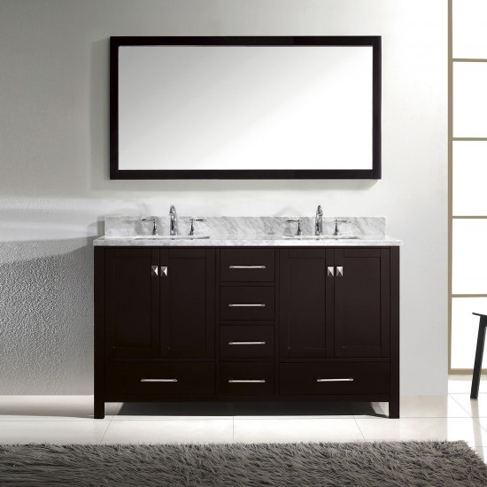 Caroline Avenue 60" Double Bath Vanity in Espresso with White Marble Top and Square Sinks with Brushed Nickel Faucets and Mir