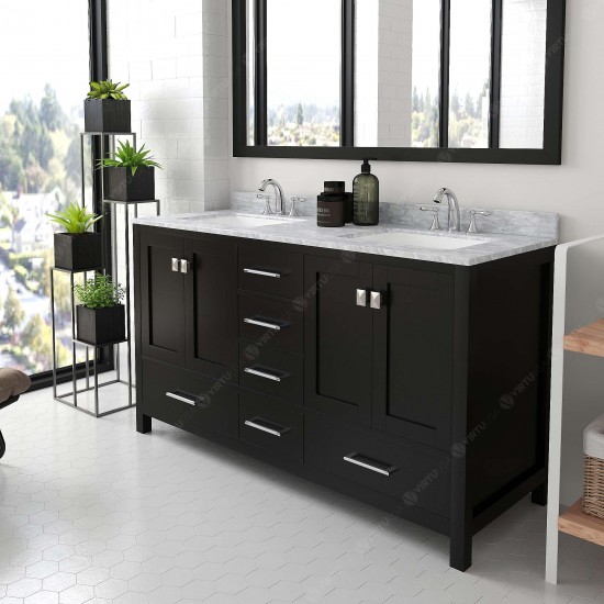 Caroline Avenue 60" Double Bath Vanity in Espresso with White Marble Top and Square Sinks with Brushed Nickel Faucets and Mir