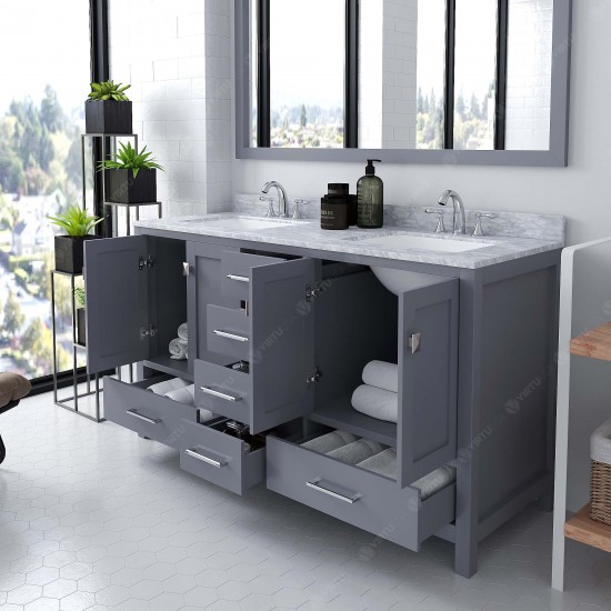 Caroline Avenue 60" Double Bath Vanity in Gray with White Marble Top and Square Sinks and Matching Mirror