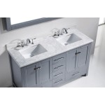 Caroline Avenue 60" Double Bath Vanity in Gray with White Marble Top and Square Sinks and Matching Mirror