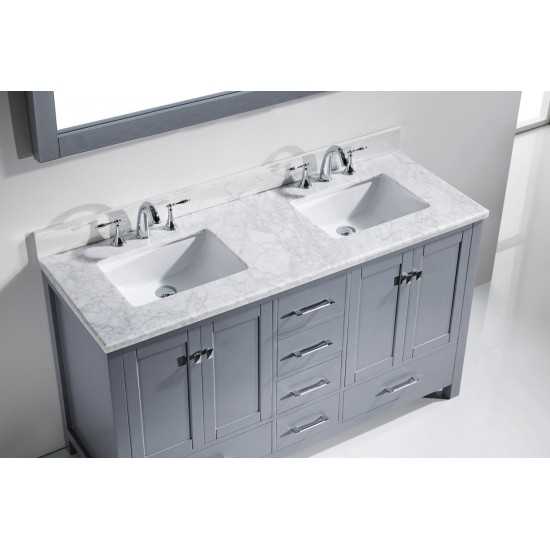 Caroline Avenue 60" Double Bath Vanity in Gray with White Marble Top and Square Sinks and Matching Mirror