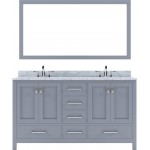 Caroline Avenue 60" Double Bath Vanity in Gray with White Marble Top and Square Sinks with Brushed Nickel Faucets and Mirror