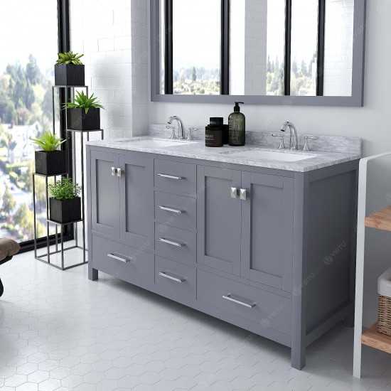 Caroline Avenue 60" Double Bath Vanity in Gray with White Marble Top and Square Sinks with Brushed Nickel Faucets and Mirror