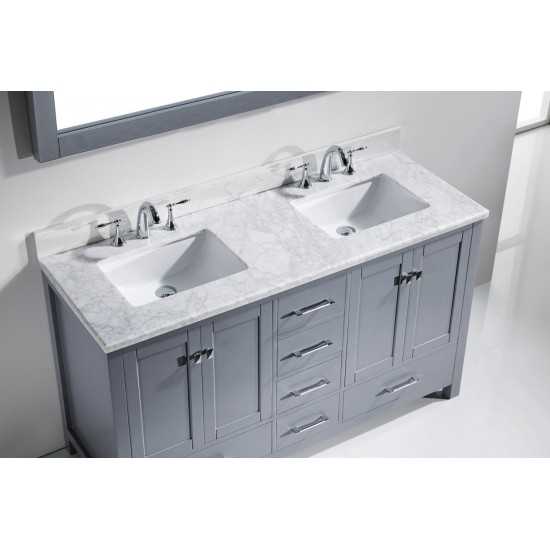 Caroline Avenue 60" Double Bath Vanity in Gray with White Marble Top and Square Sinks with Brushed Nickel Faucets and Mirror