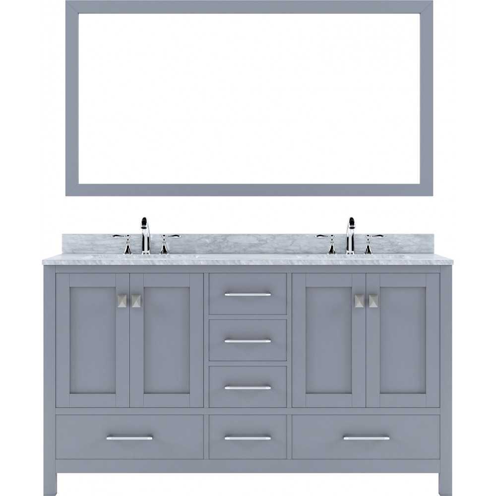 Caroline Avenue 60" Double Bath Vanity in Gray with White Marble Top and Square Sinks with Polished Chrome Faucets and Mirror