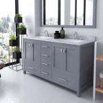 Caroline Avenue 60" Double Bath Vanity in Gray with White Marble Top and Square Sinks with Polished Chrome Faucets and Mirror