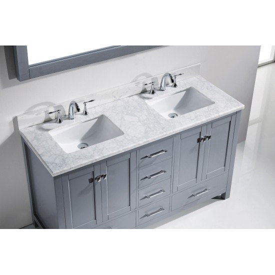 Caroline Avenue 60" Double Bath Vanity in Gray with White Marble Top and Square Sinks with Polished Chrome Faucets and Mirror