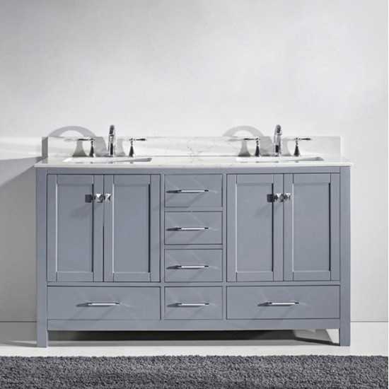 Caroline Avenue 60" Double Bath Vanity in Gray with White Marble Top and Square Sinks