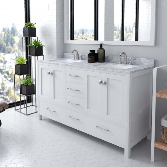 Caroline Avenue 60" Double Bath Vanity in White with White Marble Top and Square Sinks and Matching Mirror