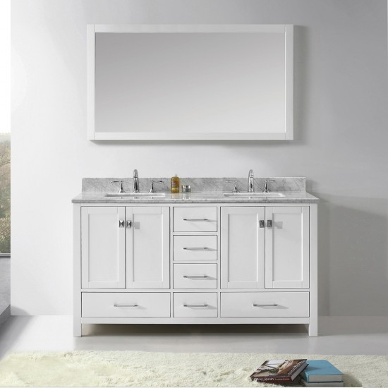 Caroline Avenue 60" Double Bath Vanity in White with White Marble Top and Square Sinks with Brushed Nickel Faucets and Mirror