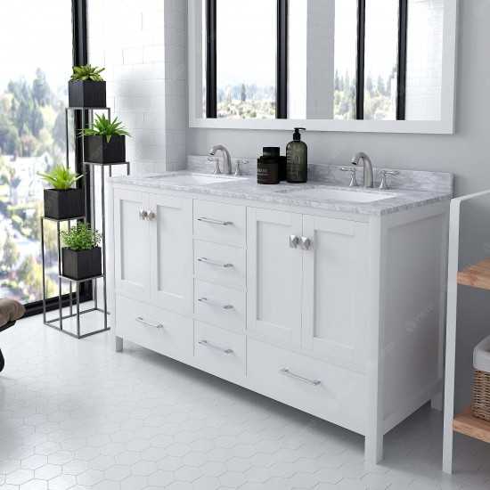 Caroline Avenue 60" Double Bath Vanity in White with White Marble Top and Square Sinks with Polished Chrome Faucets and Mirro