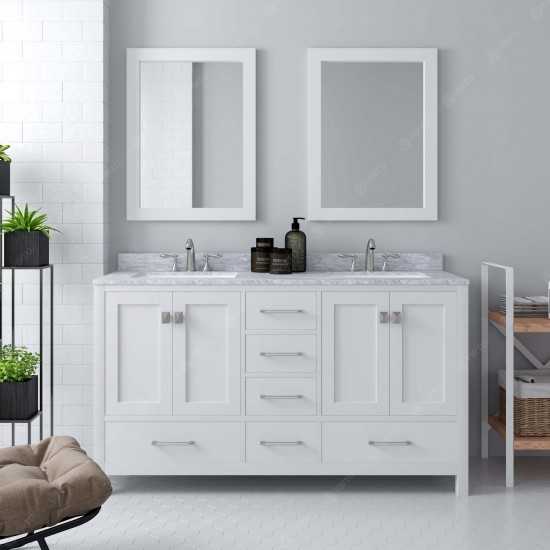 Caroline Avenue 60" Double Bath Vanity in White with White Marble Top and Square Sinks and Matching Mirror