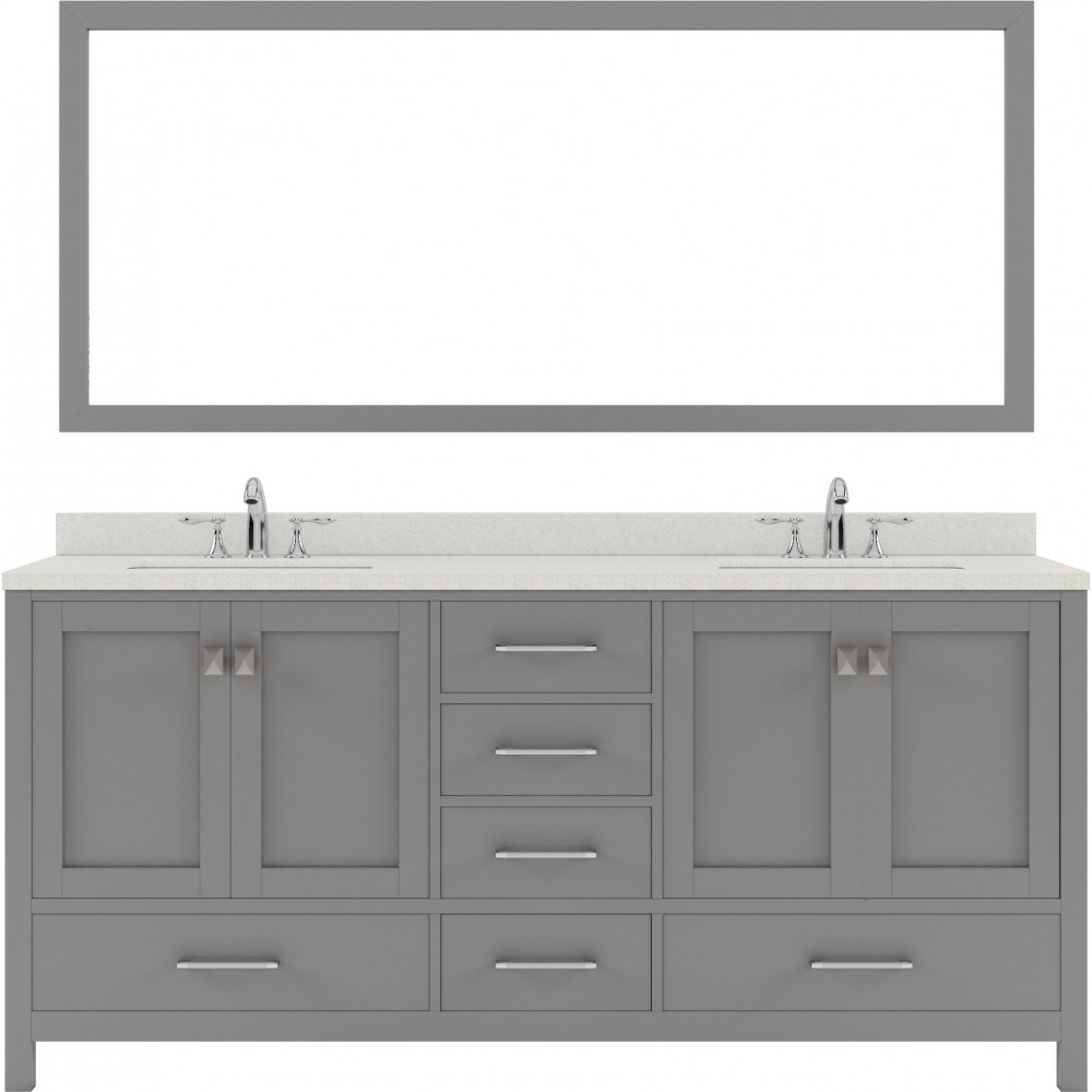 Caroline Avenue 72" Double Vanity in Cashmere Gray with White Quartz Top and Round Sinks with Polished Chrome Faucets and Mir