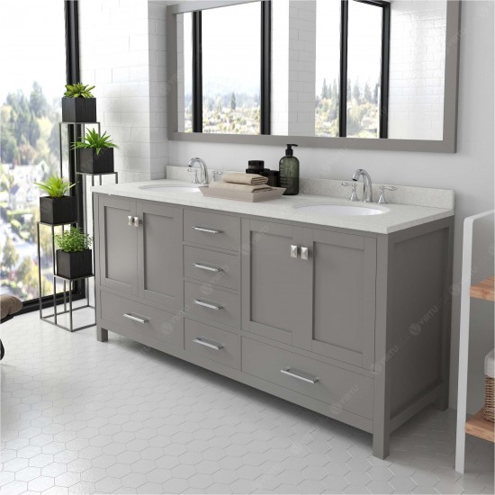 Caroline Avenue 72" Double Vanity in Cashmere Gray with White Quartz Top and Round Sinks with Polished Chrome Faucets and Mir