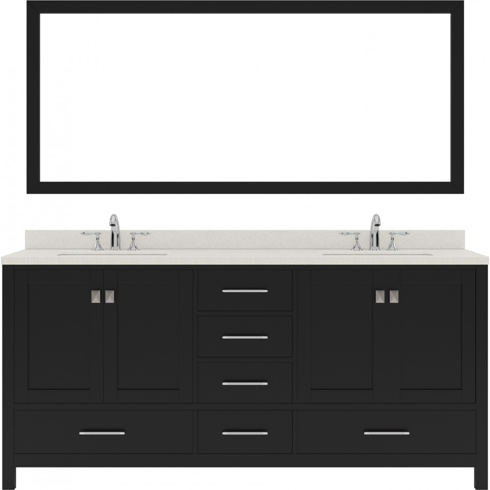 Caroline Avenue 72" Double Bath Vanity in Espresso with White Quartz Top and Round Sinks with Polished Chrome Faucets and Mir