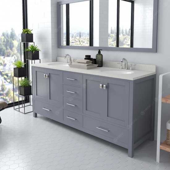 Caroline Avenue 72" Double Bath Vanity in Gray with White Quartz Top and Round Sinks with Brushed Nickel Faucets and Mirror