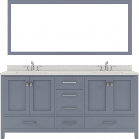 Caroline Avenue 72" Double Bath Vanity in Gray with White Quartz Top and Round Sinks with Polished Chrome Faucets and Mirror