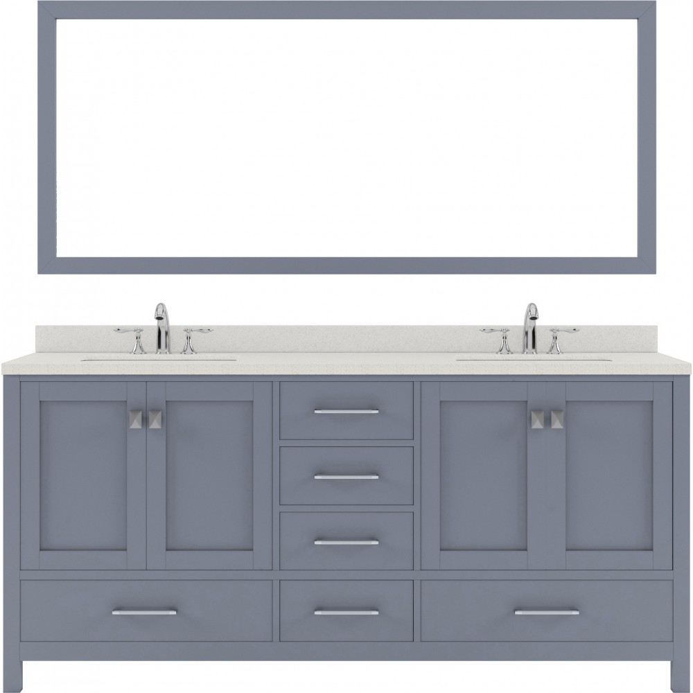 Caroline Avenue 72" Double Bath Vanity in Gray with White Quartz Top and Round Sinks with Polished Chrome Faucets and Mirror