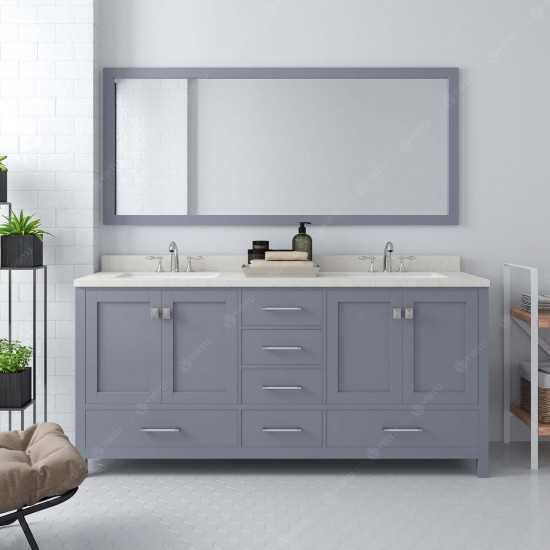 Caroline Avenue 72" Double Bath Vanity in Gray with White Quartz Top and Round Sinks with Polished Chrome Faucets and Mirror