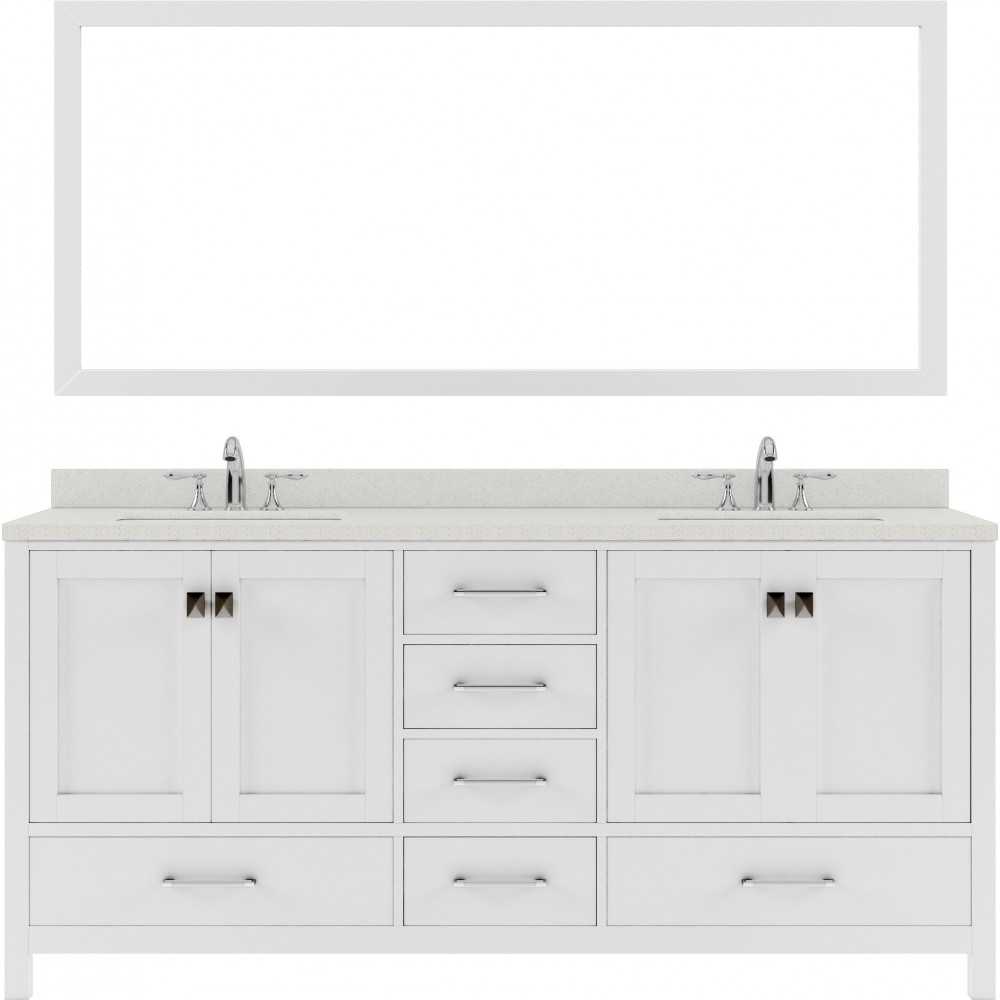 Caroline Avenue 72" Double Bath Vanity in White with White Quartz Top and Round Sinks and Matching Mirror