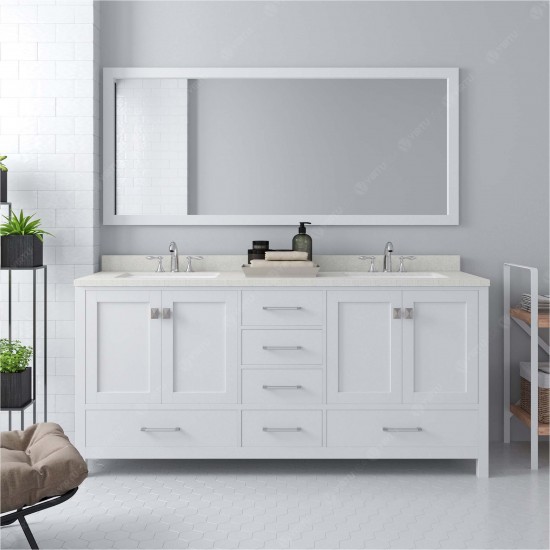 Caroline Avenue 72" Double Bath Vanity in White with White Quartz Top and Round Sinks and Matching Mirror