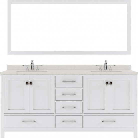 Caroline Avenue 72" Double Bath Vanity in White with White Quartz Top and Round Sinks with Polished Chrome Faucets and Mirror