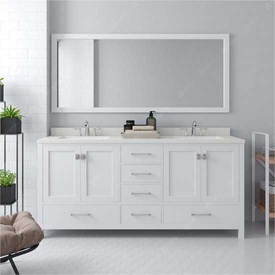 Caroline Avenue 72" Double Bath Vanity in White with White Quartz Top and Round Sinks with Polished Chrome Faucets and Mirror