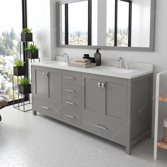 Caroline Avenue 72" Double Vanity in Cashmere Gray with White Quartz Top and Square Sinks with Brushed Nickel Faucets and Mir