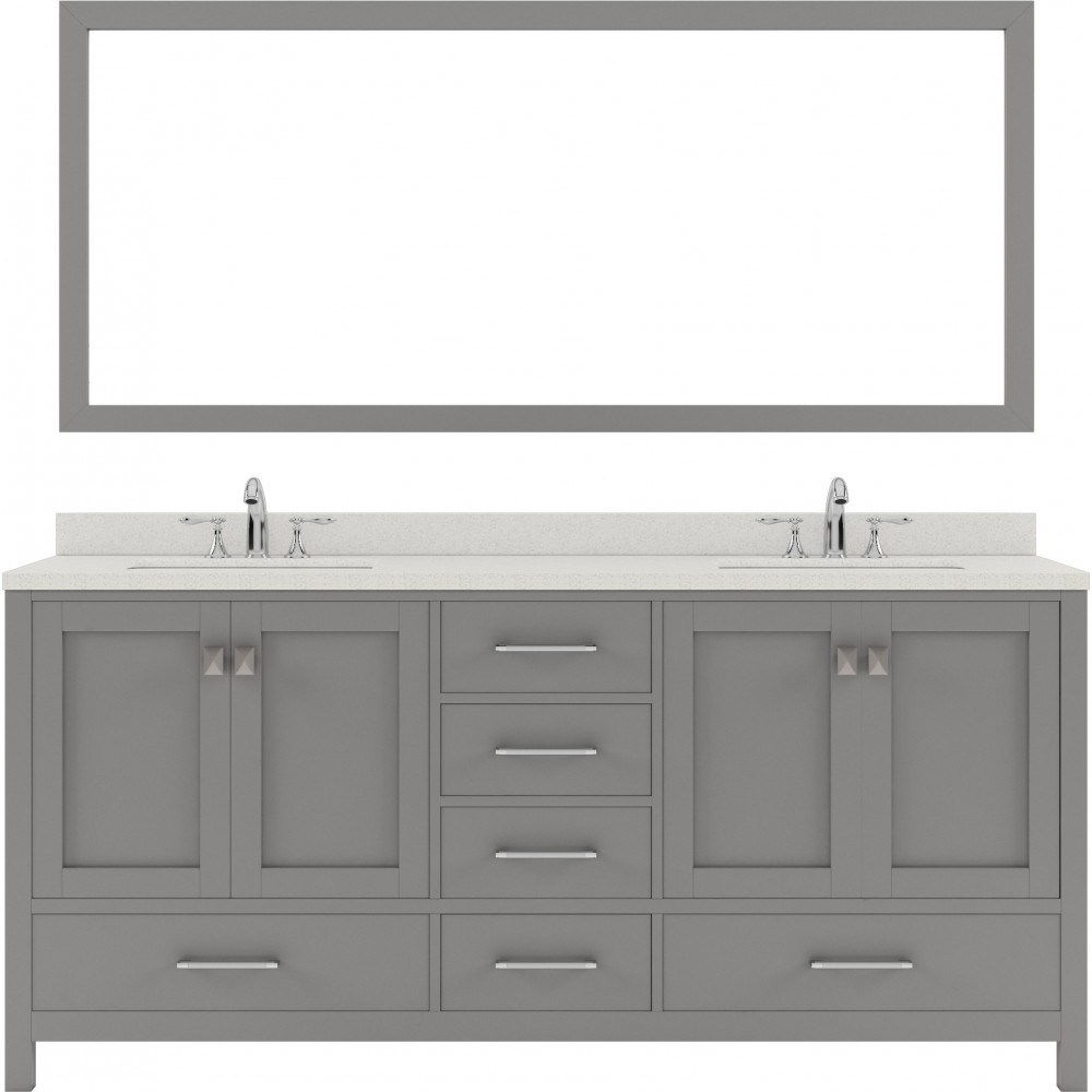 Caroline Avenue 72" Double Vanity in Cashmere Gray with White Quartz Top, Square Sinks with Polished Chrome Faucets, Mirror