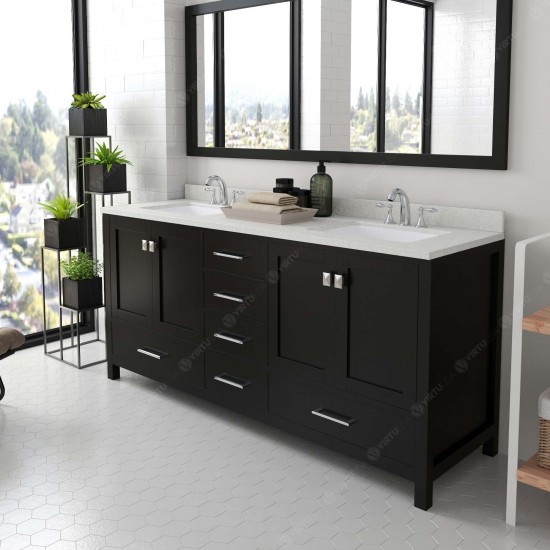 Caroline Avenue 72" Double Vanity in Espresso with White Quartz Top and Square Sinks with Polished Chrome Faucets and Mirror