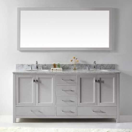 Caroline Avenue 72" Double Bath Vanity in Cashmere Gray with White Marble Top and Round Sinks and Matching Mirror