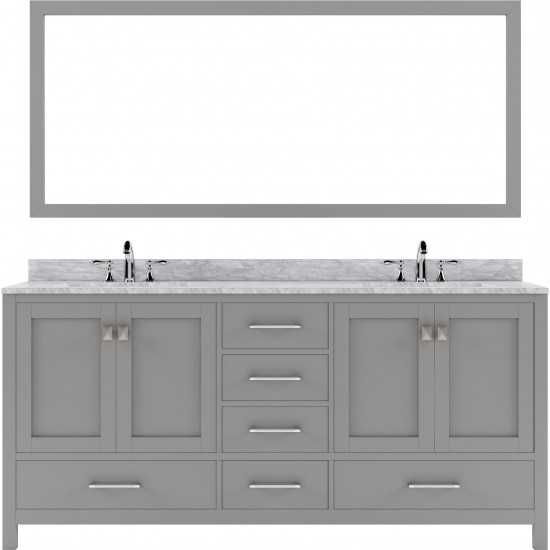 Caroline Avenue 72" Double Vanity in Cashmere Gray with White Marble Top and Round Sinks with Brushed Nickel Faucets and Mirr