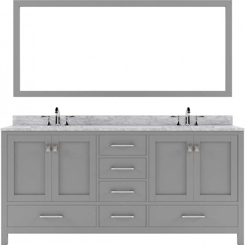 Caroline Avenue 72" Double Vanity in Cashmere Gray with White Marble Top and Round Sinks with Brushed Nickel Faucets and Mirr