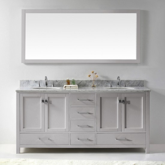 Caroline Avenue 72" Double Vanity in Cashmere Gray with White Marble Top and Round Sinks with Brushed Nickel Faucets and Mirr