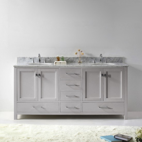 Caroline Avenue 72" Double Bath Vanity in Cashmere Gray with White Marble Top and Round Sinks