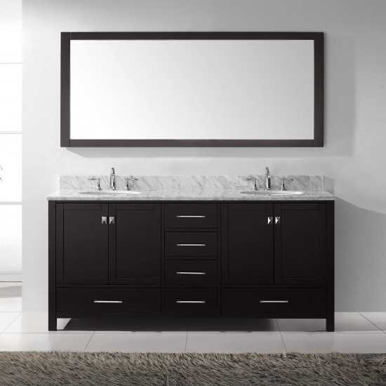 Caroline Avenue 72" Double Bath Vanity in Espresso with White Marble Top and Round Sinks and Matching Mirror