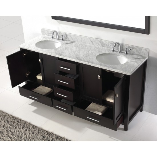 Caroline Avenue 72" Double Bath Vanity in Espresso with White Marble Top and Round Sinks with Brushed Nickel Faucets and Mirr