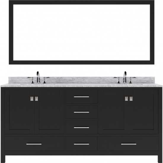 Caroline Avenue 72" Double Bath Vanity in Espresso with White Marble Top and Round Sinks with Polished Chrome Faucets and Mir