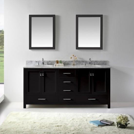 Caroline Avenue 72" Double Bath Vanity in Espresso with White Marble Top and Round Sinks and Matching Mirror