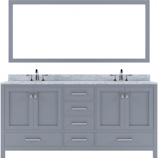 Caroline Avenue 72" Double Bath Vanity in Gray with White Marble Top and Round Sinks and Matching Mirror